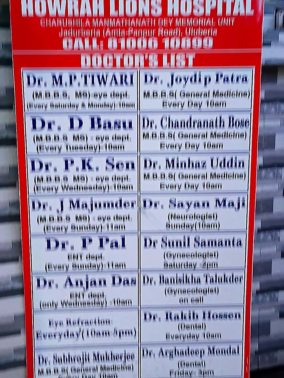 OPD Visiting Doctors Schedule Board